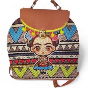 FRIEDA KAHLO Colorful Inspired Backpack Handbag Raffia Material Vegan Leather